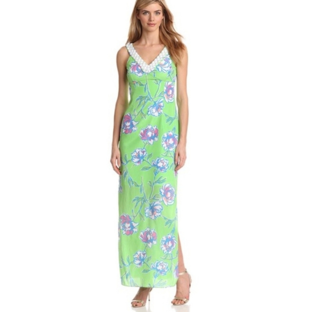 Lilly Pulitzer Green Floral Maxi Dress with Pink & Blue Accents